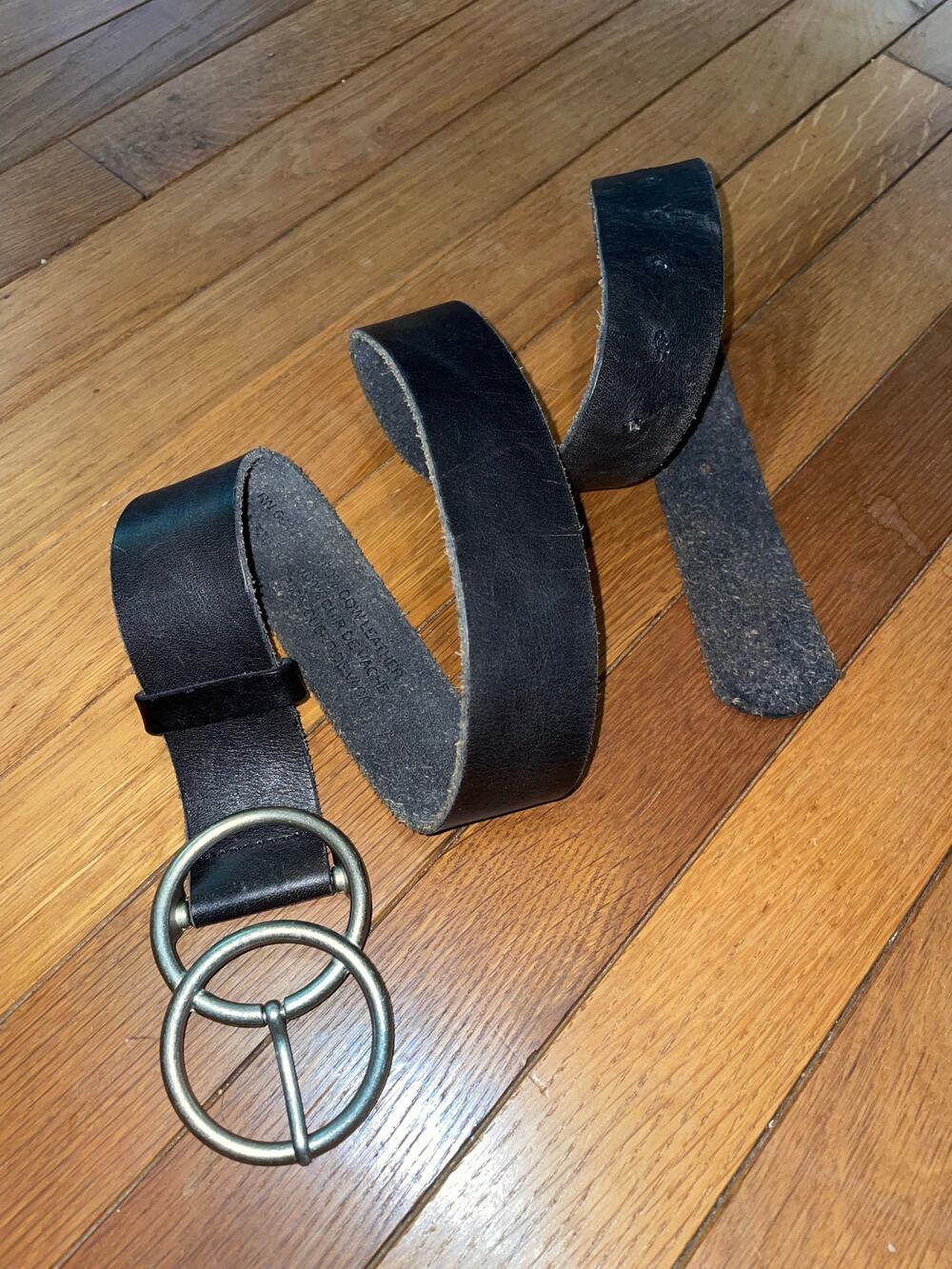 Urban Outfitters Leather Belt Size L Double-O Ring Black Brown Silver Boho